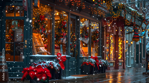 A front-facing perspective capturing a bustling retail storefront adorned with festive decorations, announcing exclusive limited-time offers and savings galore to celebrate the season © Yuttana
