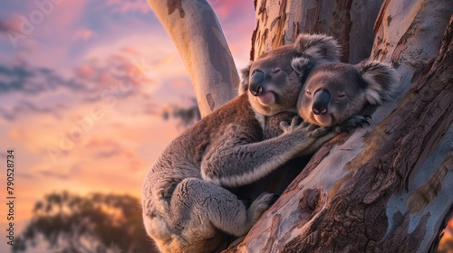 Romantic Koala Cuddle at Sunset in Eucalyptus Tree.
