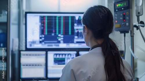 An over-the-shoulder view of biochemical dose monitoring, featuring a healthcare professional or patient observing a modern digital display monitoring the administration of medication