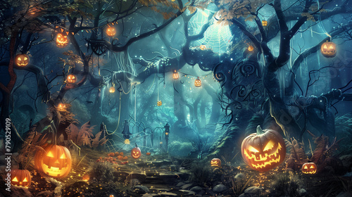 an enchanted forest where mythical creatures celebrate Halloween. Fairies, elves, and goblins wear festive costumes. The forest is aglow with jack-o'-lanterns hanging from trees and bioluminescent pla photo