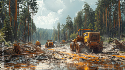 .Logging scene with fallen trees and machinery, capturing the direct effect on forest ecosystems and biodiversity loss.