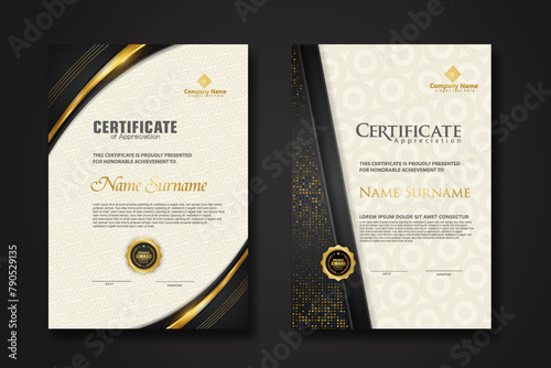 Luxury certificate template with glitter effect dan lines gold shine on frame background