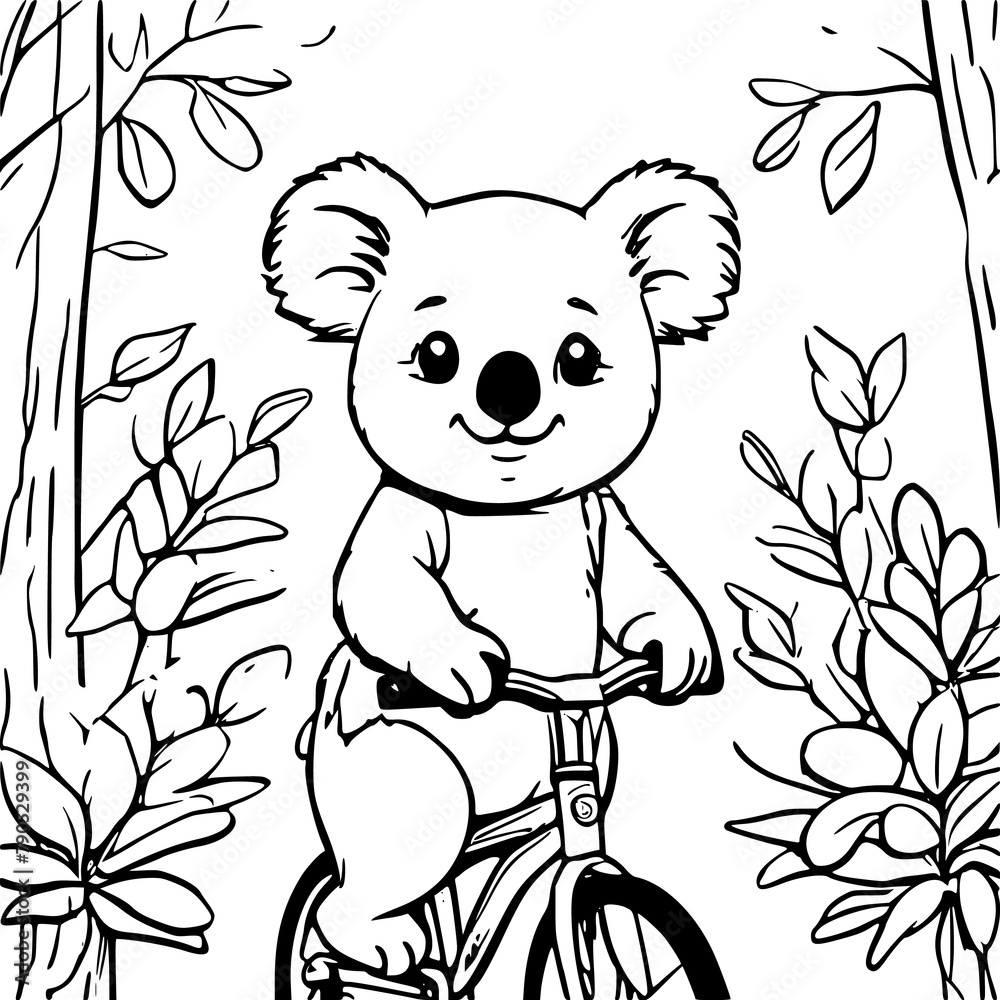 Cute Koala Riding a Bike outline doodle cartoon illustration. Bold and easy coloring book page activity for kids and adults. Created with Generative AI Cute Koala Riding a Bike outline doodle cartoon illustration. Bold and easy coloring book page activity for kids and adults. Created with Generative AI