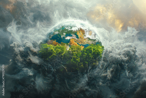 Abstract Earth representation, dense forests on one side, barren land on the other, dark CO2 clouds, highlighting global warming and deforestation