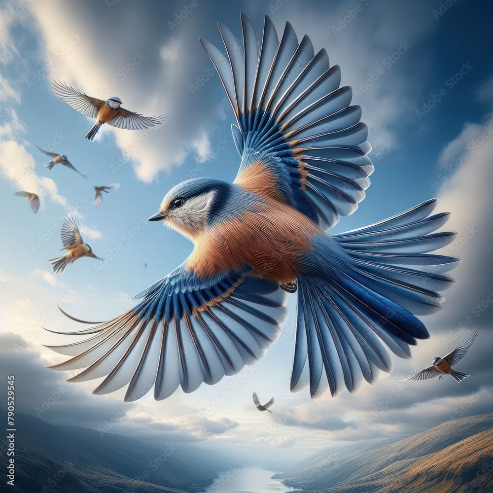 Fototapeta premium A colorful bird flew in the sky.