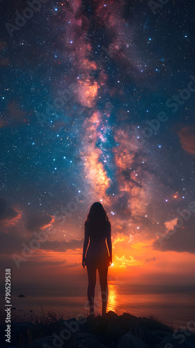 a girl looking to the sky and see the galaxy