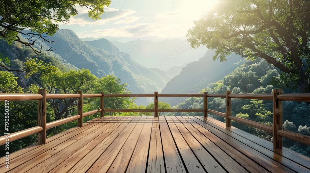Obraz premium Wooden balcony in mountains, observing point of the natural beautiful view