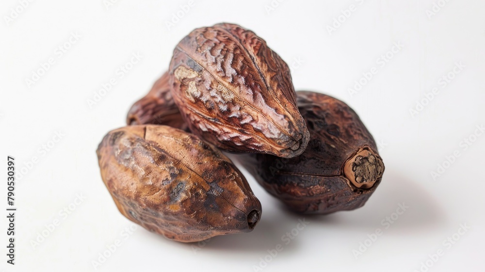 Cocoa beans without skin in a shell against a white backdrop