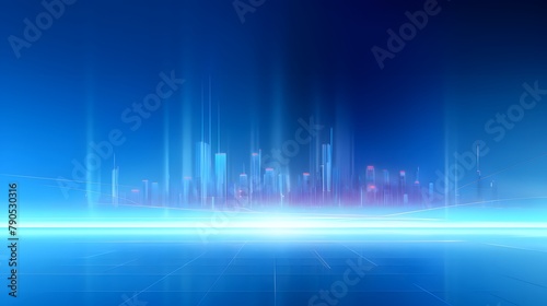 Blue technology background  light blue gradient background with digital lines and city lights in the bottom corner  flat design style with simple line composition  high resolution  bright colors