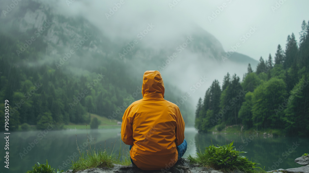 Person in a yellow raincoat sitting by a misty mountain lake, embodying tranquility and the concept of solitude and reflection in nature