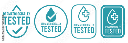Set dermatologically tested vector label with water drop, leaf and hand logo. Dermatology test and dermatologist clinically proven icon for allergy free and healthy safe product package tag.