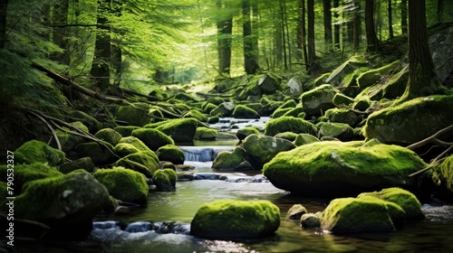 Moss-covered rocks line the banks of the forest stream  