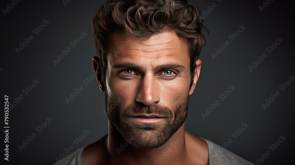 Obraz premium Serious guy with a handsome smile and intense eyes, close-up portrait