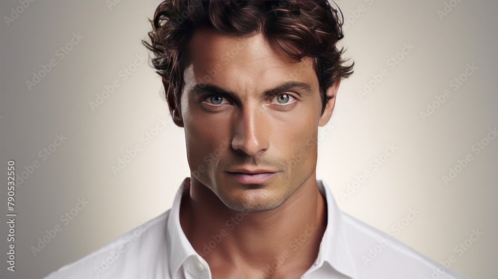 Obraz premium Serious guy with a handsome smile and intense eyes, close-up portrait