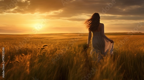 Silhouette of woman on grass, hair blowing in the wind, sunset