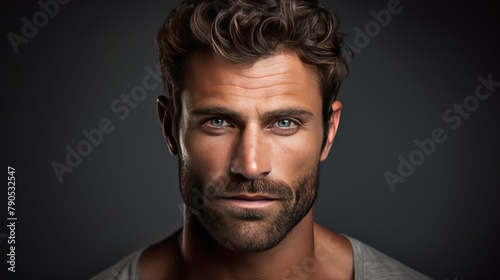 Serious guy with a handsome smile and intense eyes, close-up portrait
