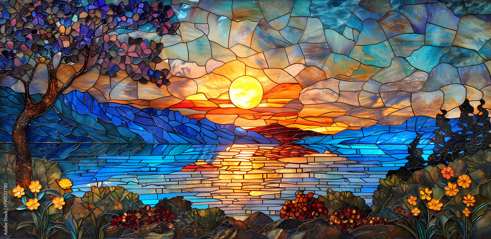 Stained Glass Sunset Mug Wrap Generated by AI
