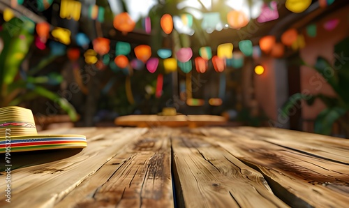 Close-up, horizontal homogeneous wooden surface in the foreground, blurred colorful elements in the background, beautiful bokeh photo