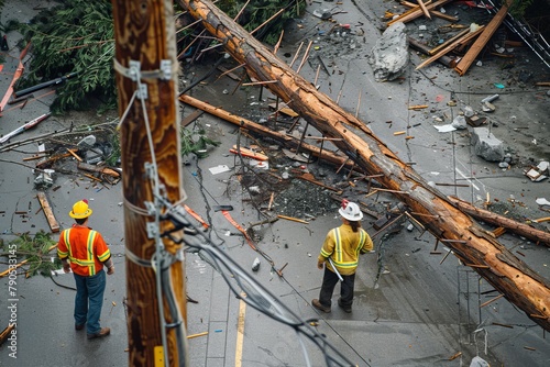 Insurance assessors evaluate damage in storm-hit urban area with power outage, fallen power lines