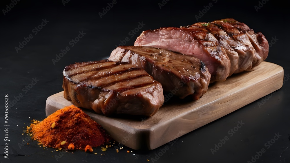 Savory beef steak grilled and seasoned with a flavorful blend of herbs and spices, showcased against dark surface