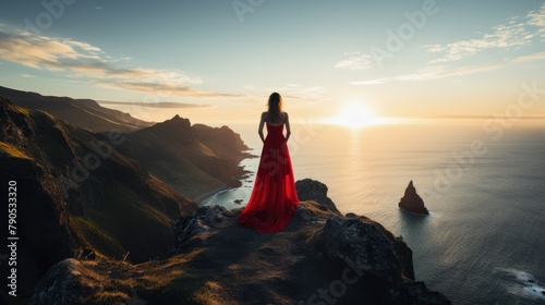 Woman stands atop mountain, silhouetted against vibrant sunset sky, showcasing the beauty of nature and freedom