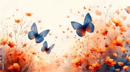 Autumnal Ballet  Watercolor Serenity with Blue Butterflies Amidst Falling Leaves