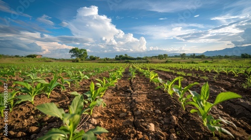 A vast green field of cornstalks reaching for a clear blue summer sky