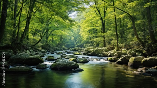 Beautiful landscape of a river in a lush green forest.