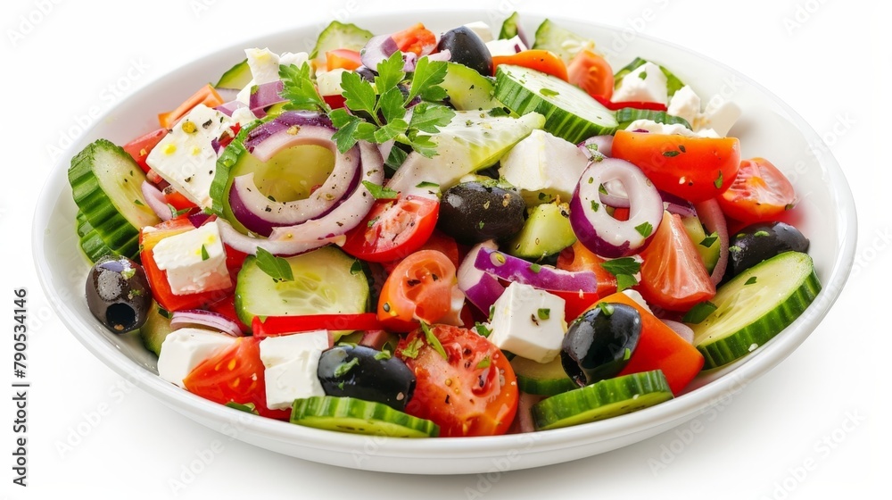 Fresh salad with cucumbers, tomatoes, onions, and olives Fresh salad with cucumbers, tomatoes, onions, and olives