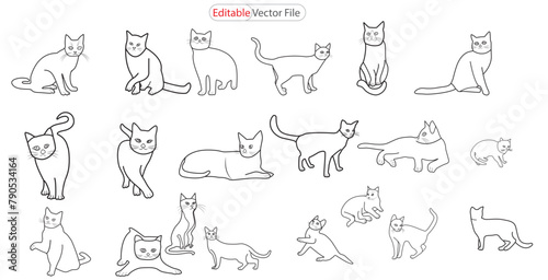  Cute cat line art illustration icon design template vector. set cat sitting on wall one line art vector illustration. minimalist cat illustration design, cat line art design. Minimalist cats line ar