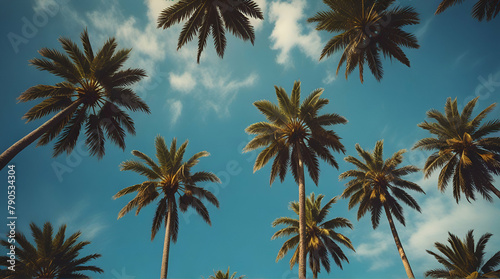 Blue sky and palm trees view from below, vintage style, summer panoramic background, tropical travel web banner, Generative.AI 