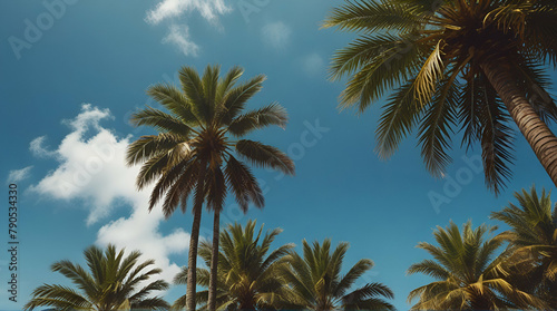Blue sky and palm trees view from below  vintage style  summer panoramic background  tropical travel web banner  Generative.AI 