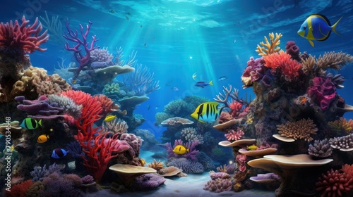 Vibrant underwater scene teeming with colorful fish and coral reef in an aquarium setting