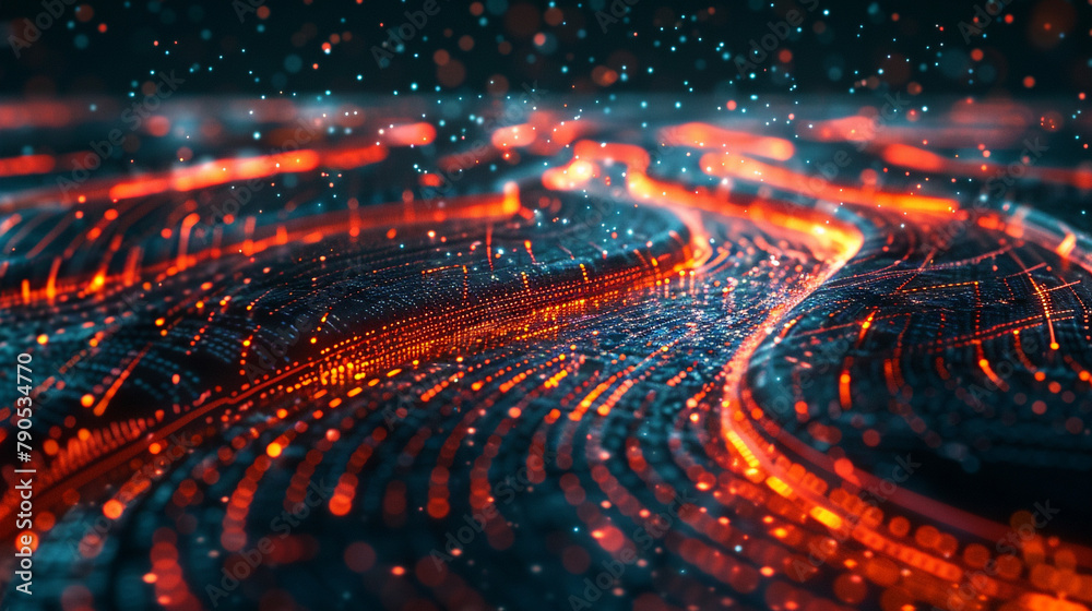 Futuristic depiction of data flowing through a digital landscape, with streams of light representing the transfer of information across a technological network.