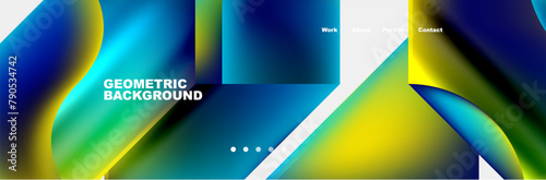 Colorfulness in a geometric background featuring shades of azure, aqua, and electric blue. The pattern consists of parallel rectangles using tints and shades of blue and green, inspired by technology