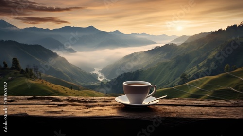 Morning coffee concept, coffee cup on rocks with beautiful mountains and fog photo