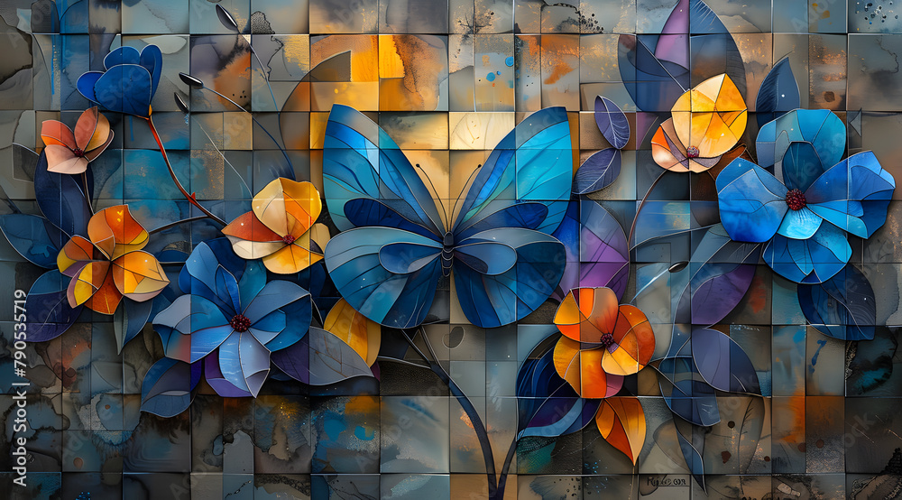 Fragmented Blooms: Watercolor Cubist Interpretation of Blue Butterflies Amidst Flowers - obrazy, fototapety, plakaty 