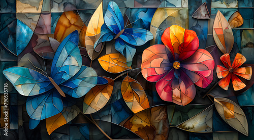 Abstract Symphony: Watercolor Cubist Fusion of Blue Butterflies and Fragmented Florals photo