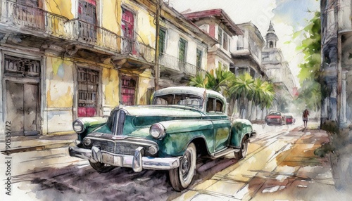 an old car from the 50s, in a Cuban city, Watercolor art, soft watercolor art, soft brush strokes, pencil drawing AI Generated © Muhammad