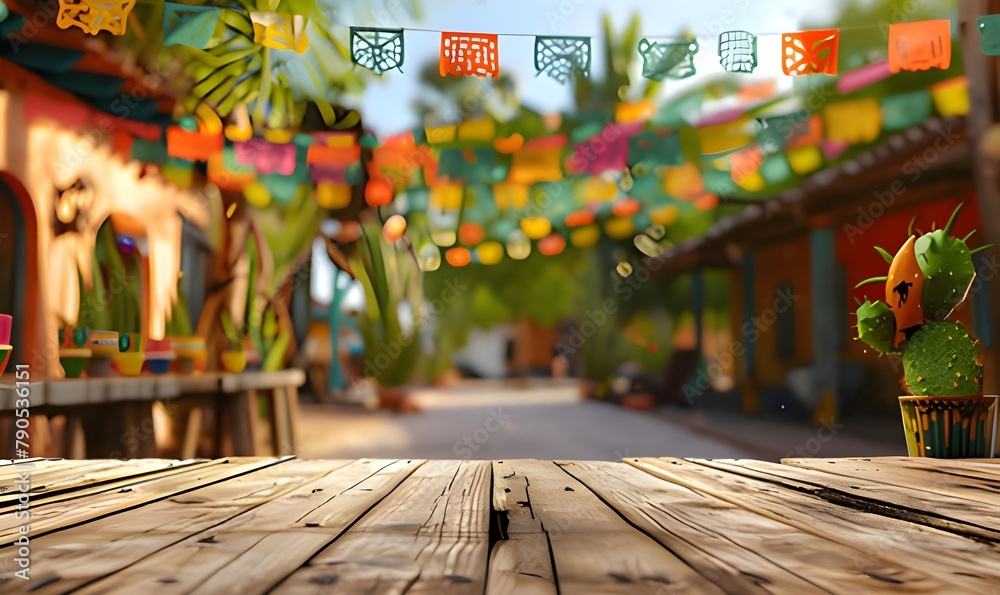 Fototapeta premium Close-up of horizontal homogeneous wooden surface in the foreground, blurred background in summer outdoor cafe