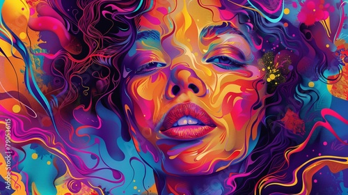 a vibrant digital artwork of a woman portrait for a captivating popup poster. Emphasize colorful tones and intricate details in the illustration