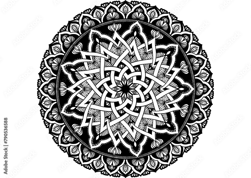 Mandala pattern black and white. 
Islam, Arabic, Pakistan, Moroccan, Turkish,
 Indian, Spain motifs. Anti-stress therapy patterns,
 coloring for adults.
