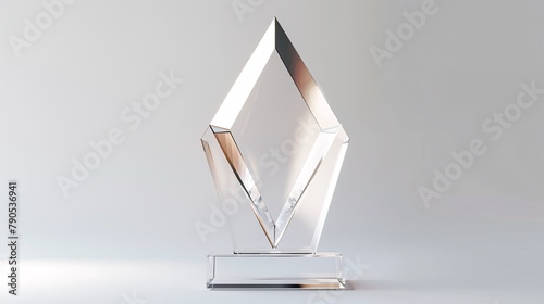 3D rendered mockup of an arrow-shaped glass trophy with an acrylic award design, transparent crystal plate template, and premium grand prix prize plaque on a white background.