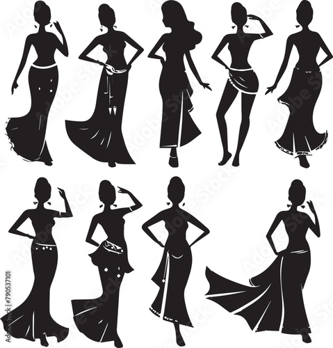 Set of Silhouette Girl Dancing Position vector illustration.