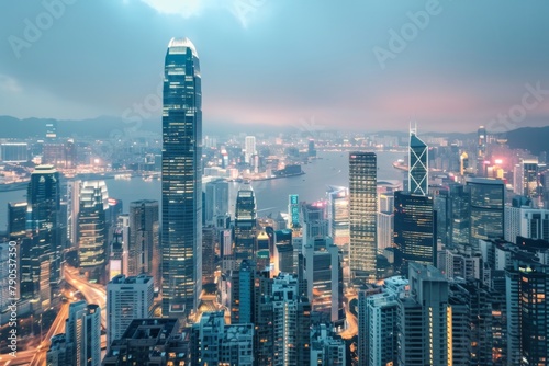 bustling business district skyline at dusk