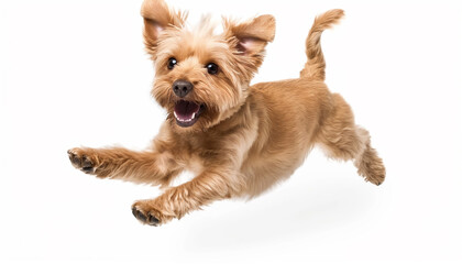Jumping little cheerful dog isolated on white background