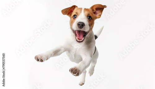 Jumping little cheerful dog isolated on white background