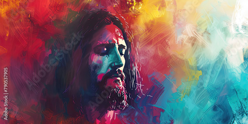 Digital Artwork of Jesus Christ Against a Vibrant Abstract Background with Room for Text