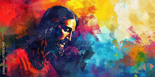 Digital Artwork of Jesus Christ Against a Vibrant Abstract Background with Room for Text