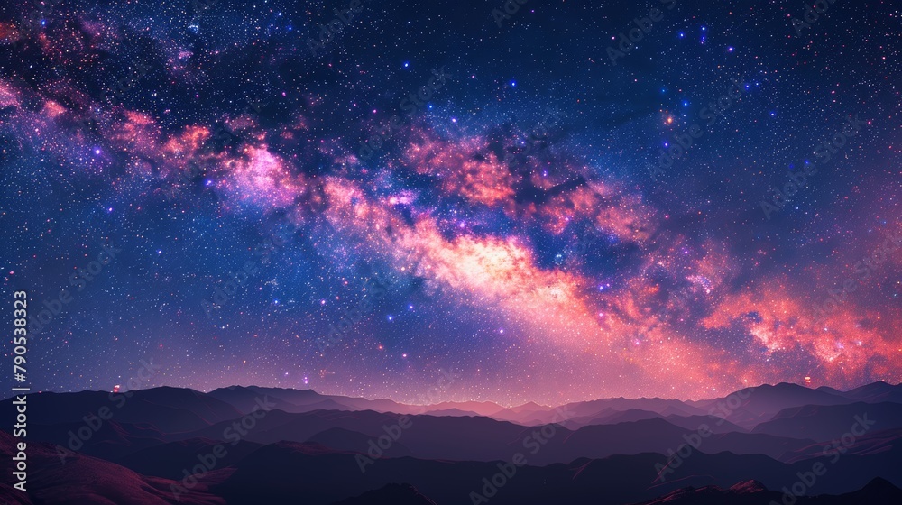 A beautiful landscape of a starry night sky with vibrant red, blue, and purple colors.